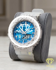 Iced Out VVS Moissanite <b>Diamond</b> Thorn Bezel <b>Watch</b> in 925 Sterling Silver with Blue Dial for Men - Product Image 2