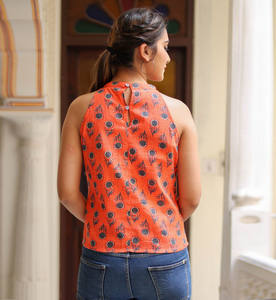 Top de Algodón Naranja para Mujer, Estampado Floral, Corte Regular, Cuello Mao, Diseño sin Mangas, para Uso Casual de Verano - Product Image 2