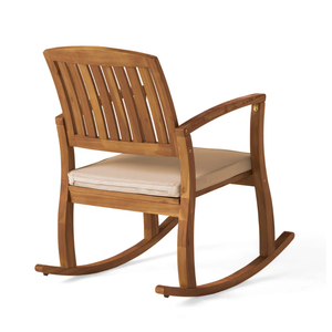 Fauteuil à bascule d'extérieur moderne en teck massif avec coussin, chaise à bascule en bois de luxe pour jardin, patio, hôtel, villa - Product Image 5