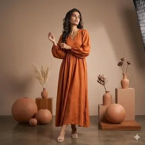 Bohemian Plain Orange V-Neck Maxi <b>Dress</b> with Full Sleeve <b>Loose</b> Fit Solid Color Summer Casual 100% Cotton Eco-Friendly for Women - Product Image 3