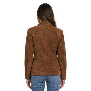 Hot Sale Streetwear <b>Women</b> Leather <b>Jackets</b> Notched Neckline Waist Pockets <b>Suede</b> Long Sleeves Windproof <b>Jackets</b> - Product Image 3
