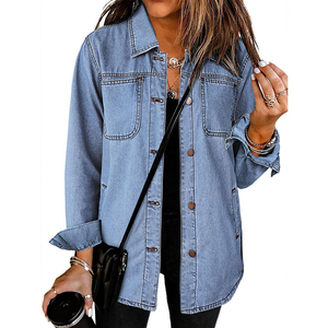 Plus Size Knitted Denim Shirt Women Skinny Long <b>Top</b> <b>Asymmetrical</b> <b>Hem</b> Two Pocket Vintage Casual Winter Front Button Eco-Friendly - Product Image 1