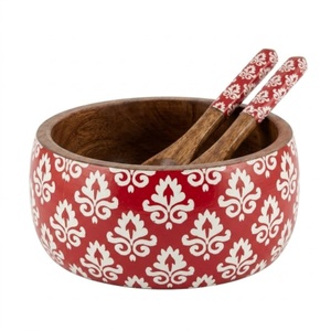 Stylish Decorative Wooden Serving <b>Bowl</b> and Spoon Set <b>Large</b> 10-Inch Enamel Coated Salad <b>Bowl</b> for Home & Hotel Supply - Product Image 6