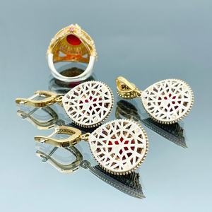 Ensemble de bijoux en argent sterling 925 plaqué or 14 carats avec grenat, style ottoman, bague et boucles d'oreilles, pierres précieuses naturelles, cadeau - Product Image 3