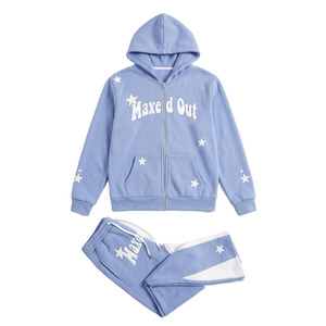 Ensembles de survêtements pour hommes avec sweat à capuche zippé et imprimé graphique personnalisé, motif étoiles sur toute la surface, en polaire premium haute densité, style streetwear, fabrication OEM, faible MOQ - Product Image 2