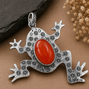 Collier décoratif grenouille en cornaline hydro-synthétique, avec breloque botanique en laiton sertie, plaqué or/argent, unisexe, marque privée - Product Image 6