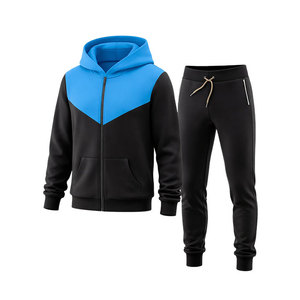New Design Men’s Black Blue Contrast Hoodie Tracksuit Slim Fit <b>Zip</b> <b>Up</b> <b>Jacket</b> Jogger Pants Casual Sportswear Gym Fitness Set - Product Image 2
