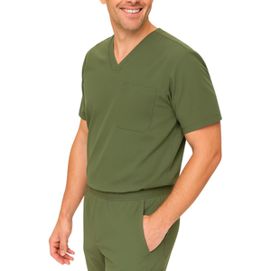 Ensemble de blouses médicales pour hommes vert olive, haut à col en V avec poche et pantalon à cordon, uniforme d'hôpital en tissu tricoté coton-polyester - Product Image 4