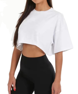 T-shirt court asymétrique blanc à col rond pour femme, coupe droite, épaules tombantes, en jersey tricoté uni, style Hip Hop, Spandex/Coton - Product Image 1
