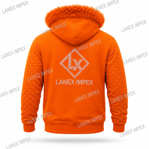 เสื้อแจ็คเก็ตฮู้ดดี้ผู้ชายสีส้มประดับเพชรเทียม พร้อมฮู้ดขนเฟอร์เทียม แขนเสื้อและกระเป๋าประดับหมุด ซิปยาวเต็มตัว สไตล์แฟชั่นสตรีทแวร์ - Product Image 3