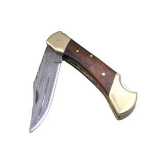 Cuchillo de Bolsillo Plegable de Acero de Damasco de Alta Calidad, Hoja de Punta Caída, Borde Recto, Mango de Madera, 18 cm - Product Image 1