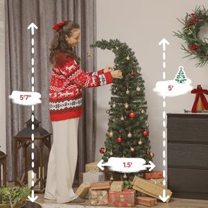 Albero di Natale preilluminato da 1,5 m con cima piegata, abete alta montagna sottile e fantasioso con 100 LED e supporto in metallo verde - Product Image 3