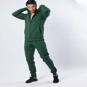 Survêtement vert à capuche pour homme, fermeture éclair intégrale, coupe décontractée, couleur unie, poches latérales, idéal pour l'automne, 100 % coton, poids moyen - Product Image 3