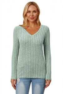 Pull en tricot côtelé vert sauge à col en V pour femme, manches longues, rayé - Product Image 4