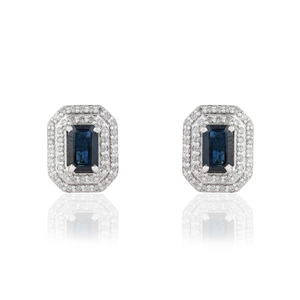 Meilleures ventes : Boucles d'oreilles clous double halo en saphir bleu taille octogonale 6x4mm et diamant taille rond, en or blanc 14K – Fournisseur de bijoux - Product Image 1