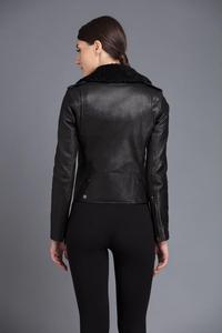 Chaqueta de cuero negra para mujer, estilo motero, con cuello de piel de oveja, chaqueta de moto personalizada con cinturón, ropa de calle, chaqueta de cuero para mujer, a la moda - Product Image 3