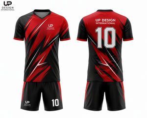 ชุดเสื้อฟุตบอลสีแดงดำแบบกำหนดเอง, ชุดยูนิฟอร์มฟุตบอลชายแบบซับลิเมชั่นพร้อมกางเกงขาสั้น, ผู้ผลิตชุดกีฬาทีมขายส่ง - Product Image 1
