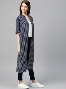 Women's Rayon Stripe Printed Long <b>Shrug</b> Blue Half Sleeves Shirt Collar Open Front Casual Layering Fashion <b>Shrug</b> For Women's - Product Image 1