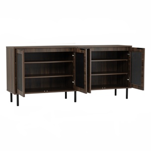 Modern Minimalist Walnut <b>Kitchen</b> <b>Sideboard</b> Buffet Cabinet with Black Metal Legs with Rattan Decorated Doors <b>for</b> Dining Storage - Product Image 3