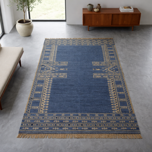 Tapis Dhurrie en coton tissé à la main - Tissage plat géométrique bleu pour salon et chambre à coucher - Product Image 1