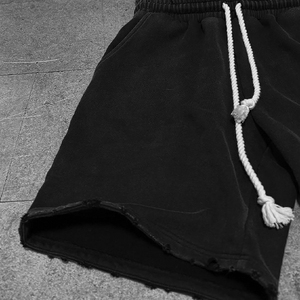 Custom Streetwear Double Waist Woolen 100% Cotton Drawstring Closure Breathable <b>Short</b> Pants Distressed Acid Wash <b>Shorts</b> Men - Product Image 4
