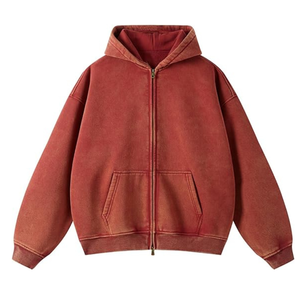 Sweat à capuche zippé OEM en molleton épais rouge délavé style streetwear, coupe ample et unie, effet usé, vente en gros - Product Image 1