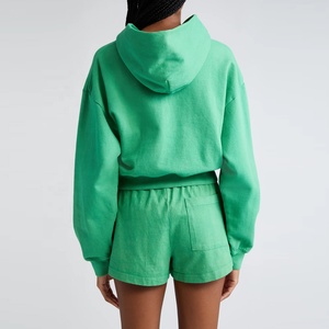 <b>Women's</b> <b>Green</b> Hooded <b>Fleece</b> 2-Piece Shorts Set Casual Regular Fit Solid Color Winter Daily Wear Breathable Quick Dry Waterproof - Product Image 2