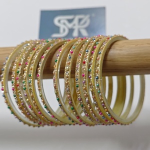 Luxury Multicolor Pearl Stone Golden Glitter <b>Glass</b> <b>Bangles</b> Set Handmade Traditional Indian Bridal Wedding Party Wear Jewelry - Product Image 2