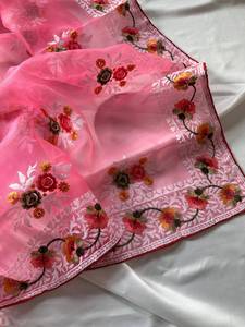 Pink Designer Organza Saree with Heavy Floral Embroidered Border Net Saree with Sheer Dupatta Style Luxury Party Wear - Product Image 4