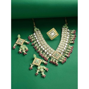 Women's Gold Plated Ethnic Jewelry Set with Imitation Pearl Necklace Earrings <b>Ring</b> for Wedding & Party - Product Image 1