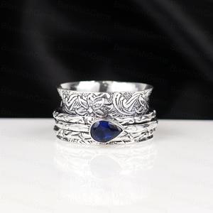Vintage 925 Sterling <b>Silver</b> Blue Sapphire Spinner for Anxiety Relief Boho Pear Shape Sapphire Meditation Handmade <b>Ring</b> Jewelry - Product Image 1