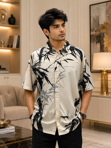 Chemise à manches courtes pour homme en coton à imprimé floral de feuilles de bambou, col rabattu, boutons sur le devant, couleur blanche, coupe décontractée, vêtement de luxe - Product Image 6