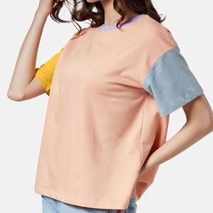 Camiseta de Cuello Redondo con Bloques de Color para Mujer, Manga Corta, Corte Holgado, Informal, Primavera Verano, 100% Algodón Jersey, Transpirable - Product Image 4