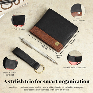 WRIZA Cartera de Cuero Genuino de Moda Duradera con Cierre Abierto, Set de Regalo para Hombre, Bolígrafo, Llavero, Tarjetero Bifold, Bolsillo para Efectivo - Product Image 2