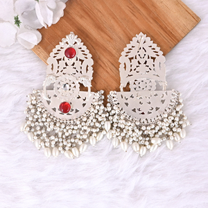 <b>Red</b> Hydro & Pearl & Kundan Stone Ethnic <b>Earrings</b> | Silver Plated Brass Traditional Indian Jewelry - Product Image 5