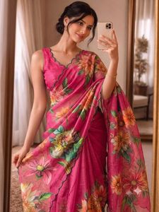 Sari de Algodón Suave con Estampado Floral Morado, Largo hasta el Suelo, Corte Regular, Sin Costuras, Blusa con Trabajo Hecho a Mano, Moderno, para Fiestas, Bodas, Estilo Elegante - Product Image 2