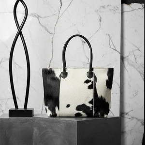 Women's Casual Tote <b>Bag</b> With Cow Print Real Fur <b>Large</b> Capacity Round Handle Flap Closure Daily Use Handbag - Product Image 6