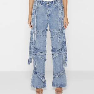 Jean cargo décontracté pour femme à taille haute et coupe ample avec plusieurs poches, imperméable et respirant en polyester/coton, longueur intégrale - Product Image 1