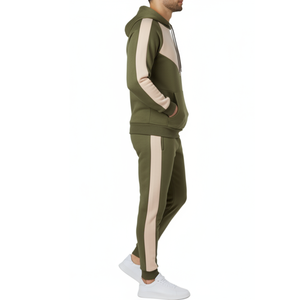 Chándal personalizado con logo para hombre, verde oliva y beige, con diseño de bloques de color en forma de V, sudadera con capucha raglán de dos piezas, ropa deportiva OEM - Product Image 3