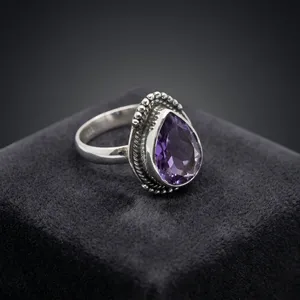 Vintage 925 Silver Amethyst Ring Pear Cut Bezel Setting Women's Gemstone Jewelry Everyday Wear - Product Image 5
