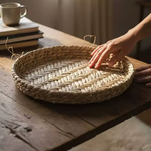 Rattan Tray <b>Basket</b> Built-In Handle Coffee Table Serving Tray Restaurant Picnic Bread Fruit Vegetables Food <b>Display</b> Woven - Product Image 1
