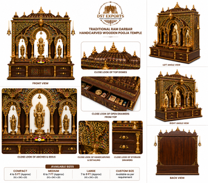 Temple de prière traditionnel Ram Darbar en teck sculpté à la main, statues dorées, design d'arche décoratif, taille personnalisable professionnelle - Product Image 6