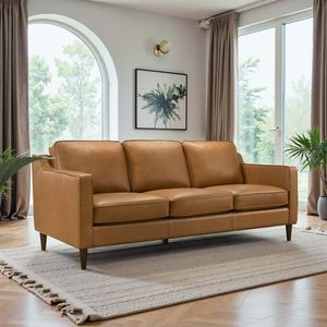 Divano Cooper Mid in Pelle Marrone Chiaro Stile Mid-Century Modern per Soggiorno - Product Image 2