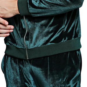 Men's Dark Green Velvet <b>Hooded</b> Full <b>Zip</b> Tracksuit With Side Pockets Casual Autumn Wear - Product Image 5