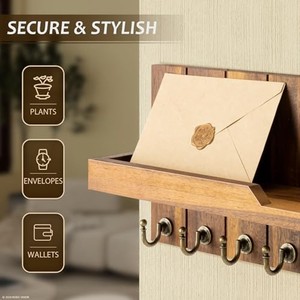 Jatoba Wood <b>Key</b> Holder with Shelf - Handcrafted Brass Hooks Wholesale - Product Image 6