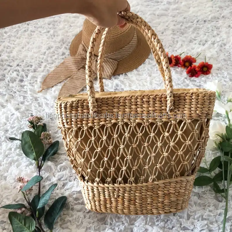 Bolsa de palha natural artesanal, sacola de hiacinth em palha trançada para lavatório, praia e corpo
