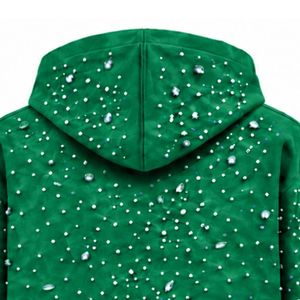 Sudadera con capucha verde esmeralda con cremallera y perlas, chaqueta de lujo con perlas incrustadas, sudadera con capucha de manga larga, ropa exterior informal a la moda - Product Image 4