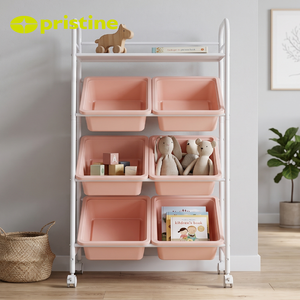 4 Tier Storage Cart with 6 Pink Bins Metal Frame <b>Rolling</b> Organizer for Home Office Use - Product Image 4