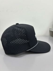 Trucker Hat Black Mesh 5-<b>Panel</b> Adjustable Unisex Casual <b>Decorative</b> Rope Raised Rubber Print Front Logo Perforated Hats - Product Image 4