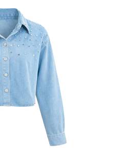 Veste en jean courte bleu clair personnalisée pour femme avec boutons ornés de strass, manches longues, style décontracté et tendance - Product Image 4